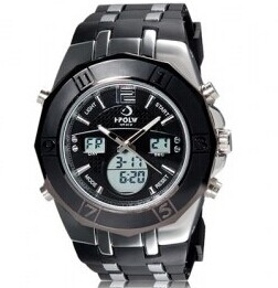 Montre chrono pour homme noir, bracelet silicone et metal
