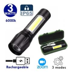 Lampe de poche LED - Série FLASH V1 - Rechargeable – Fonction ZOOM - 3 Watts - IP65 -...