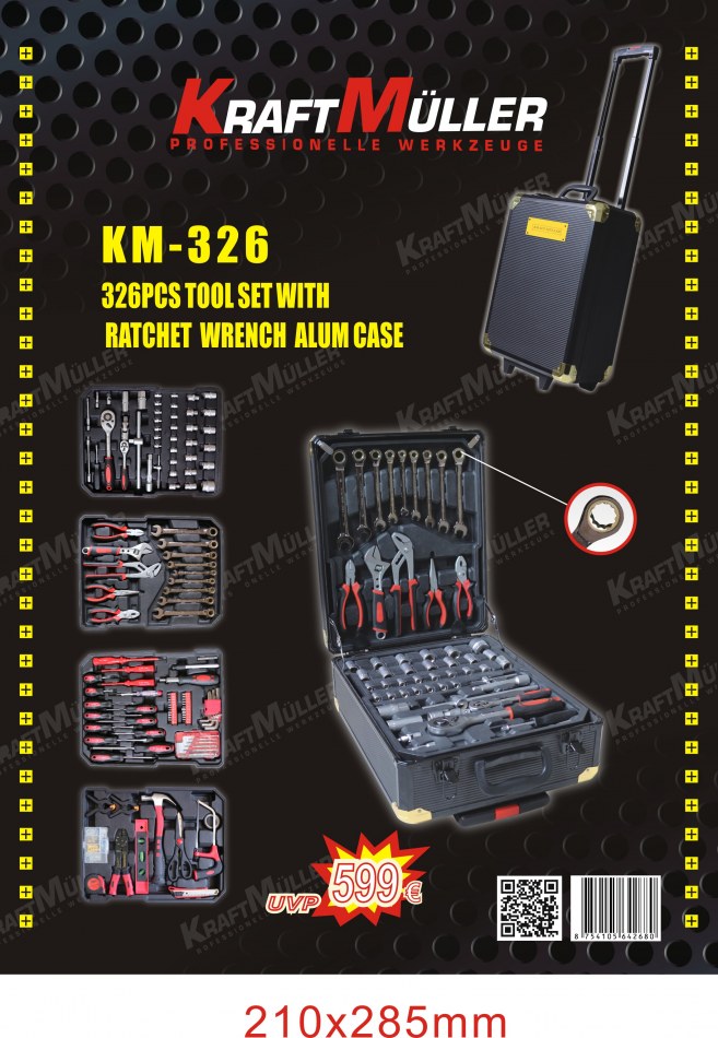 Caisse à outil Kraft Müller KM-VALISE-326PCS, valise avec Clés à molette,  pinces, cliquets, Torx, Tournevis, Chrome vanadium : : Bricolage