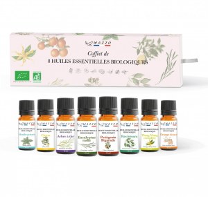 Huiles essentielles en coffret et flacons