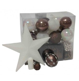 Kit de 44 décorations pour sapin - taupe et blanc - guirlandes, boule