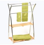 Porte serviettes en bambou et inox - 3 barres et 2 étagères - rangem