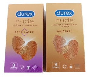 Lot de 11 Boites de 8 Préservatifs Durex Nude avec et sans latex ( 2 euro / pcs )