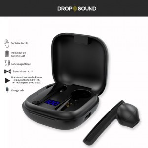 Destockage Ecouteur Bluetooth Drop Sound 5.0 Noir – Résistant à l’eau , Contrôle tactil...