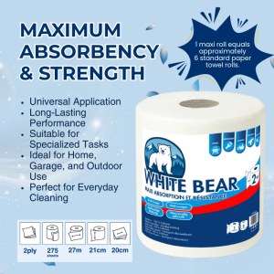 WhiteBear ET2P250 | 2-Ply Biodegradable Paper Towel Roll – 275 Sheets | €0.65/roll Whol...