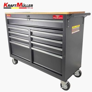 SERVANTE D'ATELIER NOIRE 9 TIROIRS AVEC PLAN DE TRAVAIL EN BOIS