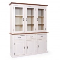 Vaisselier - 3 tiroirs 6 portes - blanc et acacia foncé