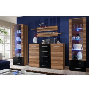 Vitrine murale - led - noir et acacia