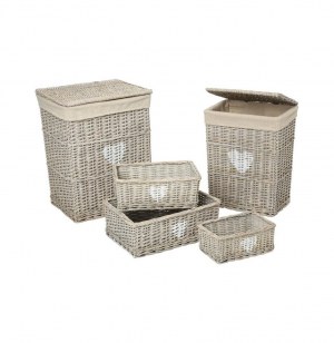 Ensemble de rangement en osier - 2 coffres et 3 paniers - beige