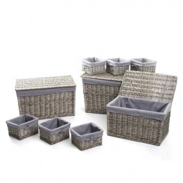 Ensemble de rangements en osier - 3 malles et 6 paniers - gris