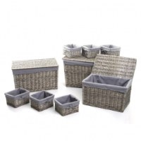 Ensemble de rangements en osier - 3 malles et 6 paniers - gris