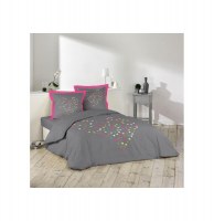 Parure de lit 2 personnes "p'tit coeur" - 240 x 220 cm - coton - gris