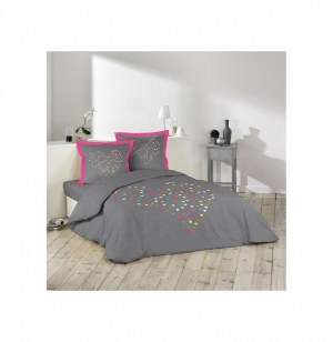 Parure de lit 2 personnes "p'tit coeur" - 240 x 220 cm - coton - gris