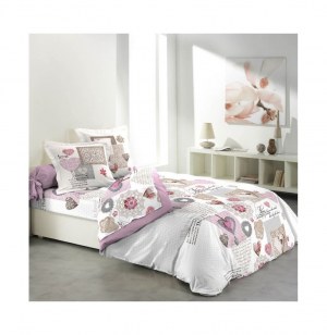 Parure de lit 2 personnes "monsegur" - coton - 4 pièces - blanc et ro