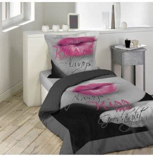 Parure de lit 1 personne "pink lips" - 140 x 200 cm - coton - noir