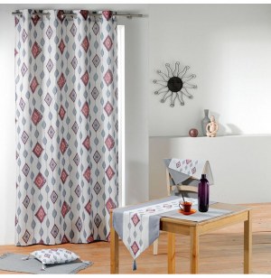 Rideau à oeillets - 140 x 260 cm - panama - imprimé azteca - blanc