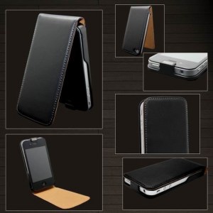 Etui En Cuir Pour Iphone 4 - Noir + Protège Ecran Offert