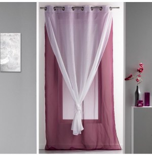 Voilage à oeillets double - 140 x 260 cm - duni - cassis/blanc