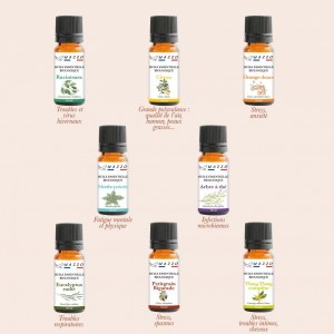 Huiles essentielles en coffret et flacons