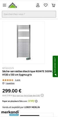 Destokage radiateur sèche serviette chromé électrique à fluide 500w