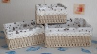 Set de 3 corbeilles rectangulaires,ficelle ,doublées de tissu.