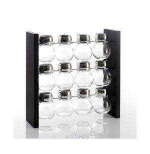 Support 12 pots à épices en verre - présentoir argenté