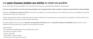 GANT D'EXAMEN VINYLE NON POUDRE NON STERILE TAILLE M/ L / XL