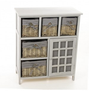 Meuble en bois 5 tiroirs en osier + 1 porte - gris