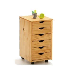 Caisson sur roulettes - pin naturel - nils - meuble 6 tiroirs pour bur