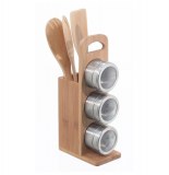 Porte ustensiles + 3 ustensiles + 3 pots épices aimantés - bambou