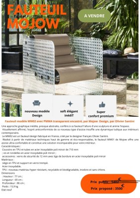 Fauteuil modèle MW02 avec PMMA transparent encastré, par Mojow Design, par Olivier Santini