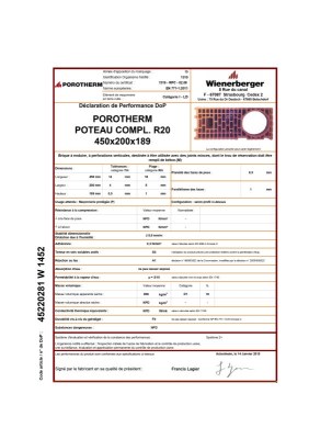 Brique poteau complémentaire POROTHERM R20 20X18,9X45 - WIENERBERGER POROTHERM