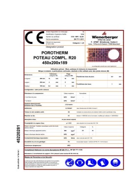 Brique poteau complémentaire POROTHERM R20 20X18,9X45 - WIENERBERGER POROTHERM