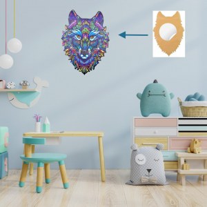 Puzzle en Bois Loup Format A3 + Sticker Collant intégré et accroche mur