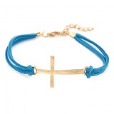 Bracelet classic avec laniere en cuir et croix doree en metal ( marron, bleu clair )