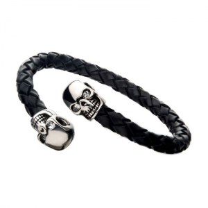 BRACELET HOMME CUIR et ACIER MANCHETTE TÊTE DE MORT BR01581