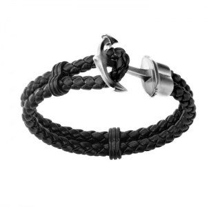 BRACELET HOMME DOUBLE CUIR NOIR ET ANCRE EN ACIER BR19507