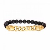 BRACELET HOMME TÊTE DE MORT OR AVEC CHAÎNE, PERLES DE LAVE NOIRE BR3301K