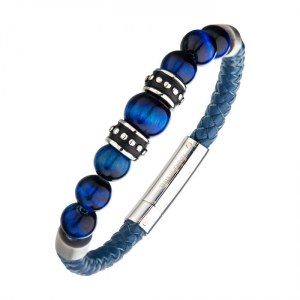 BRACELET HOMME EN CUIR, PERLES D'ACIER, ŒIL DE FAUCON BRLB1225