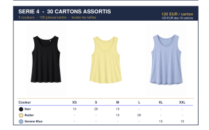 LOT débardeurs femme NEUF – 12 coloris, tailles XS à XXL – 120 € HT/carton (100 pcs)