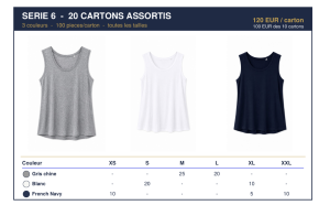 LOT débardeurs femme NEUF – 12 coloris, tailles XS à XXL – 120 € HT/carton (100 pcs)