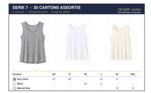 LOT débardeurs femme NEUF – 12 coloris, tailles XS à XXL – 120 € HT/carton (100 pcs)