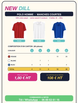 Polos homme manches courtes – lot 2 280 pcs – NEUF