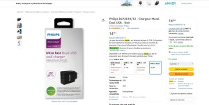 Chargeur mural philips dual usb – neuf – stock important – vente par lot