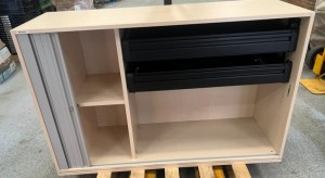 Meuble de rangement a rideau gris / bois AVEC TIROIR ET ETAGERE