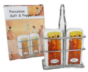 Saliére et Poivriére théme Afrique avec support en fer dans un coffret cadeaux