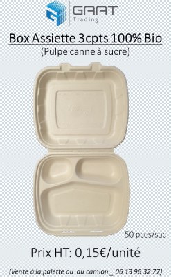 Box 100% bio pulpe canne à sucre sandwich, burger, assiette et bol salade