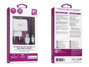 Kit 2 en 1 chargeur secteur USB blanc 1A avec câble lightning MFI