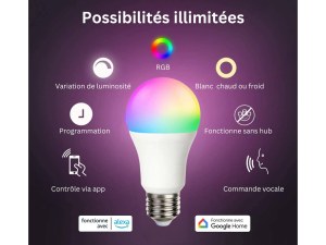 Ampoule Connectée LED 9 W E27 - RGB+Blanc, WiFi & Bluetooth, Contrôle Vocal et Application