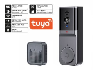 Sonnette Connectée WiFi avec Caméra 1080p - Vision Nocturne, Détection de Mouvement, Au...